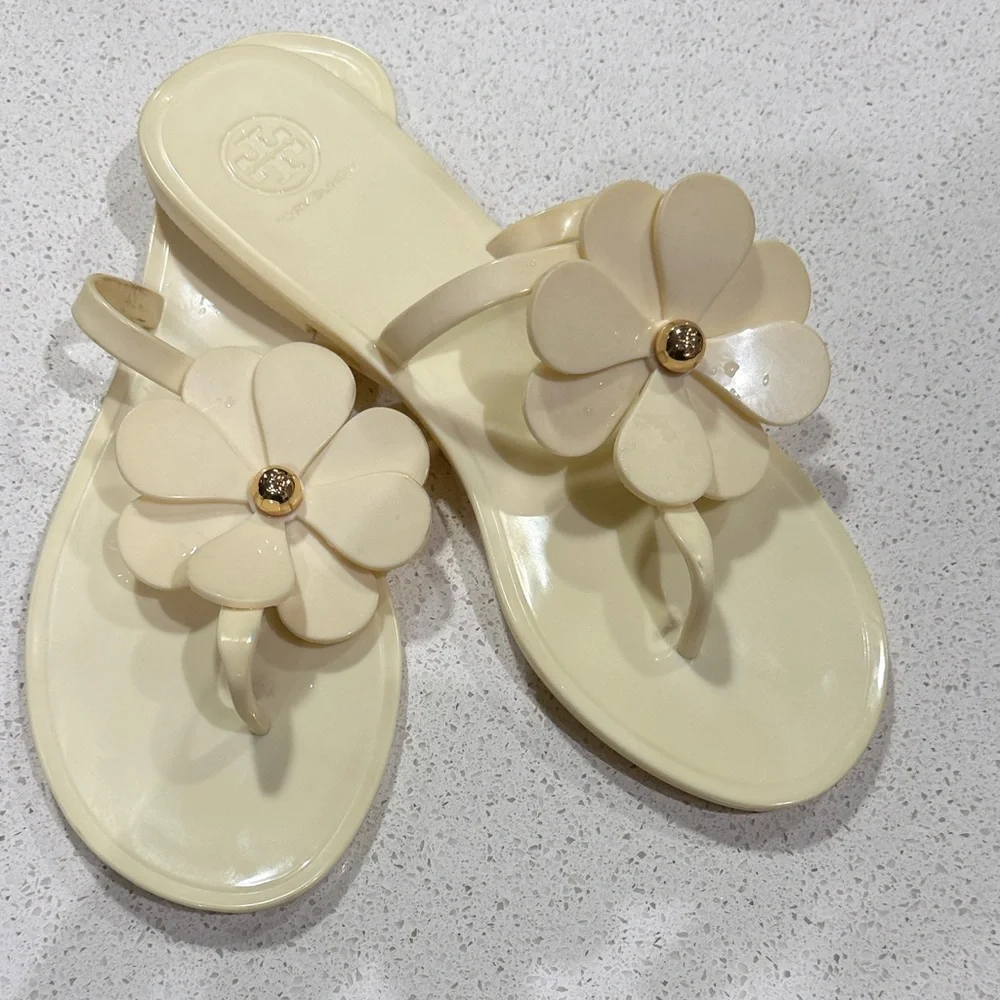 Tory Burch Cream Floral Jelly Thong Sandals